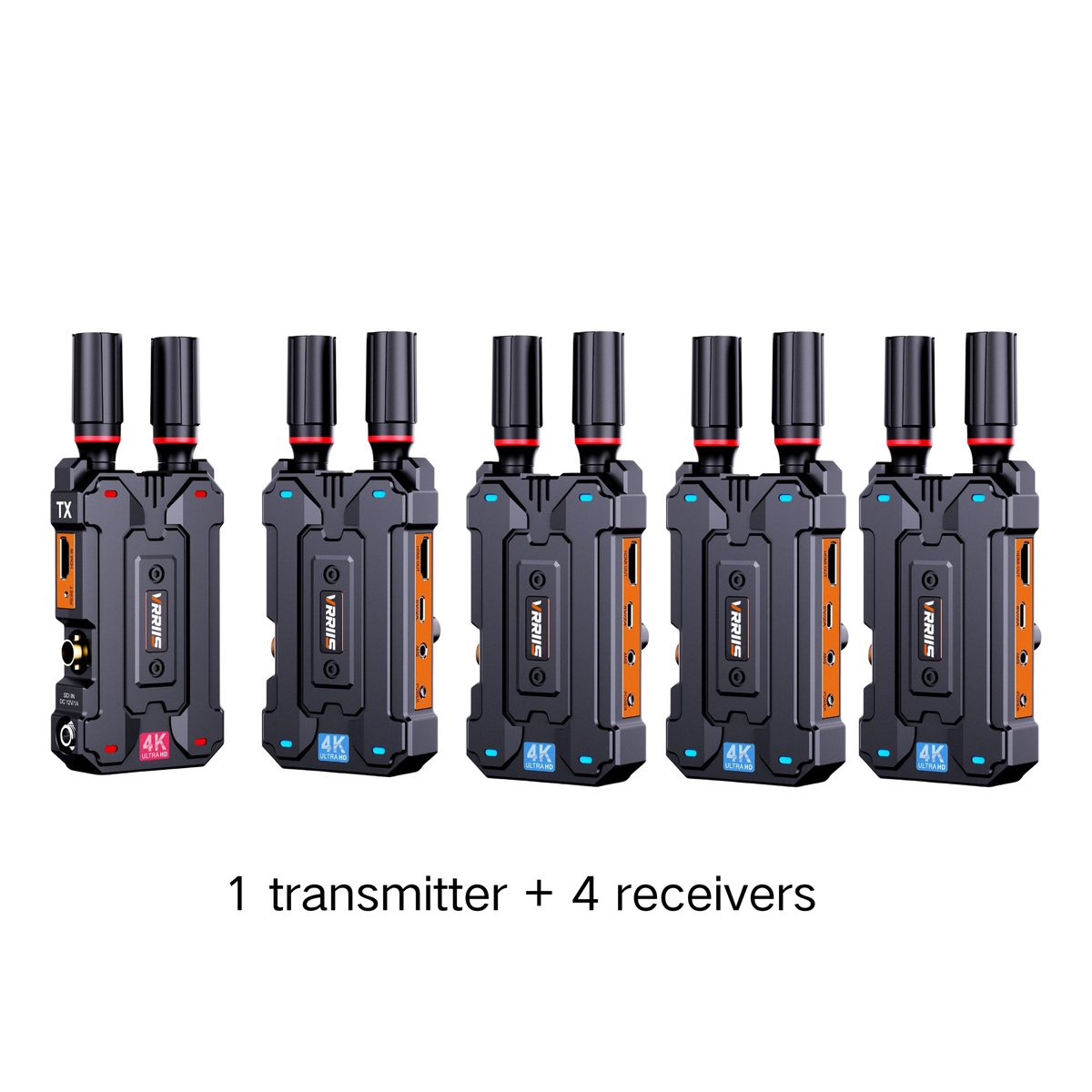 Transmisor y receptor de video inalámbrico 4K VRRIIS WL097Pro — 400M, salida HDMI dual, audio, 1TX a 4RX