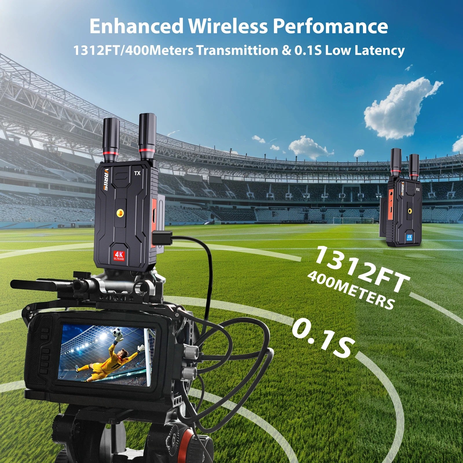 VRRIIS WL097Pro 4K Wireless Video Transmitter & Receiver — 400M, Dual HDMI Out, Audio, 1TX to 4RX