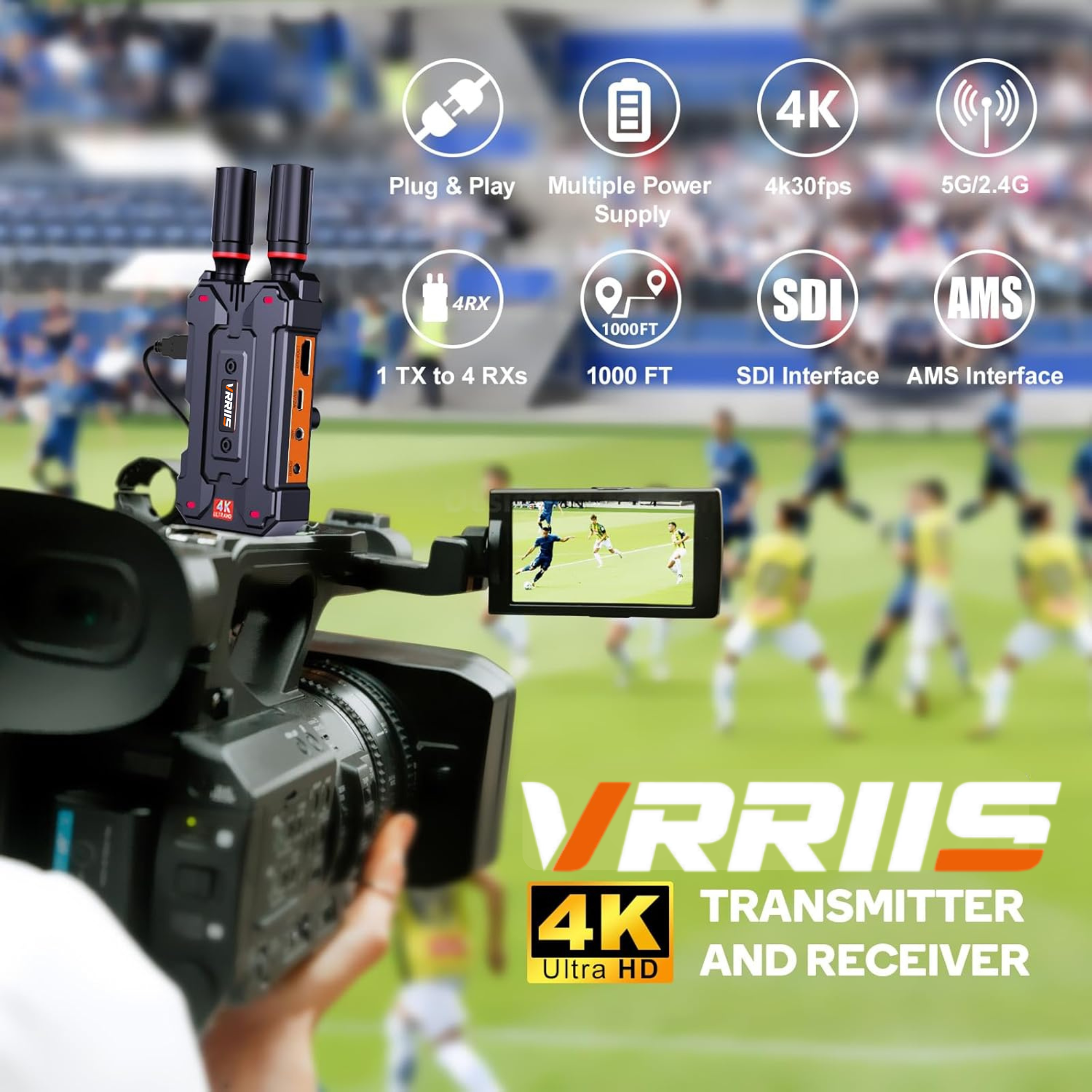 Transmissor de vídeo sem fios VRRIIS WL098Pro 4K com SDI — 1TX para 4RX, 305 m/1000 pés