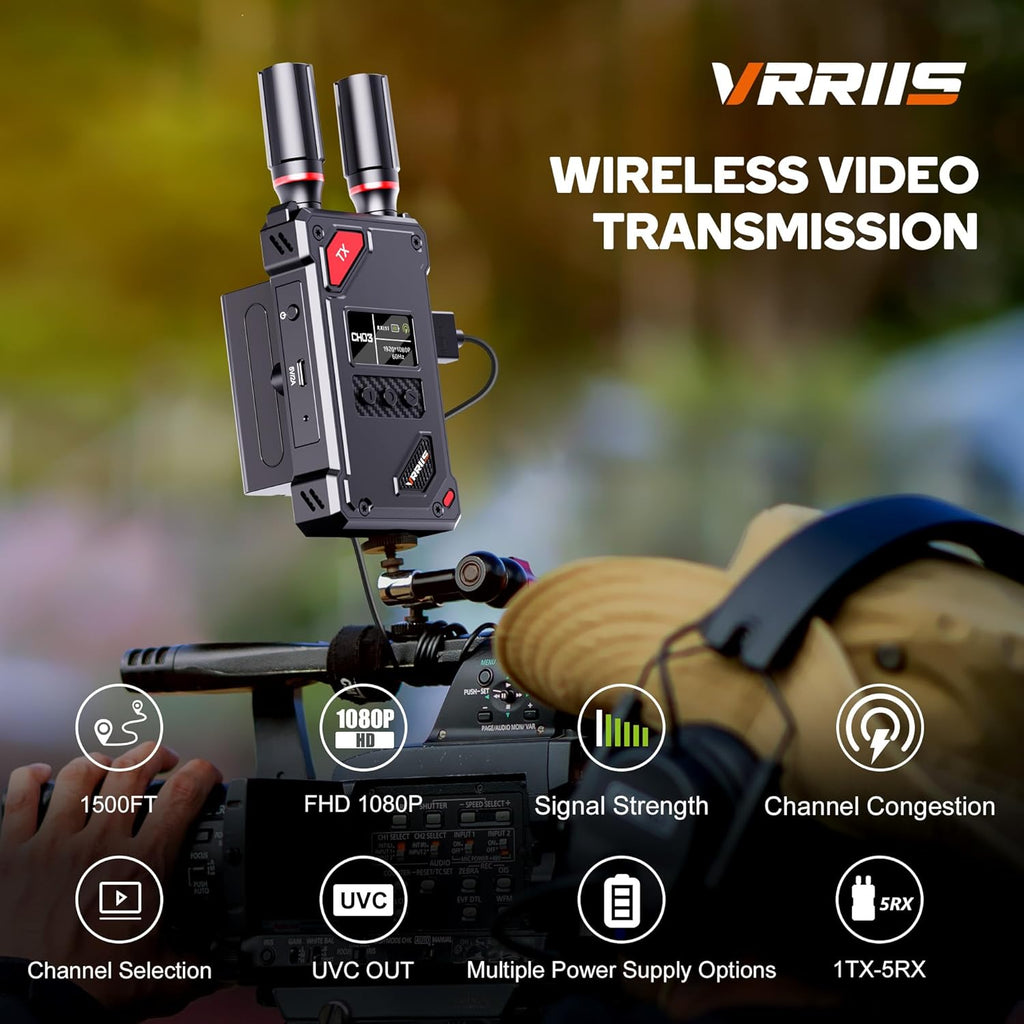 Transmisor y receptor de video inalámbrico VRRIIS WL087 — 450M, UVC para OBS, 20 canales, 1TX a 5RX