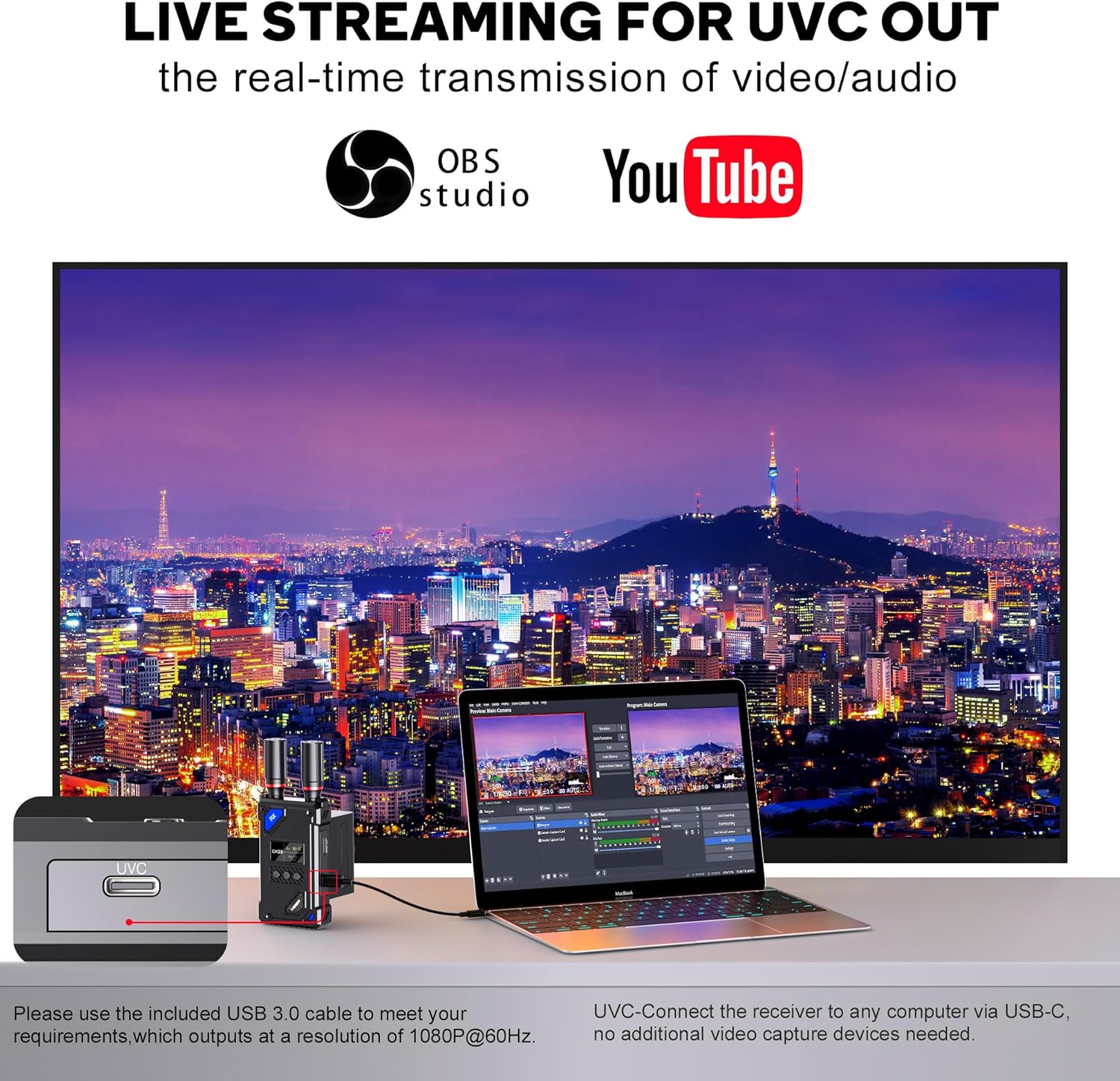 Transmisor y receptor de video inalámbrico VRRIIS WL087 — 450M, UVC para OBS, 20 canales, 1TX a 5RX