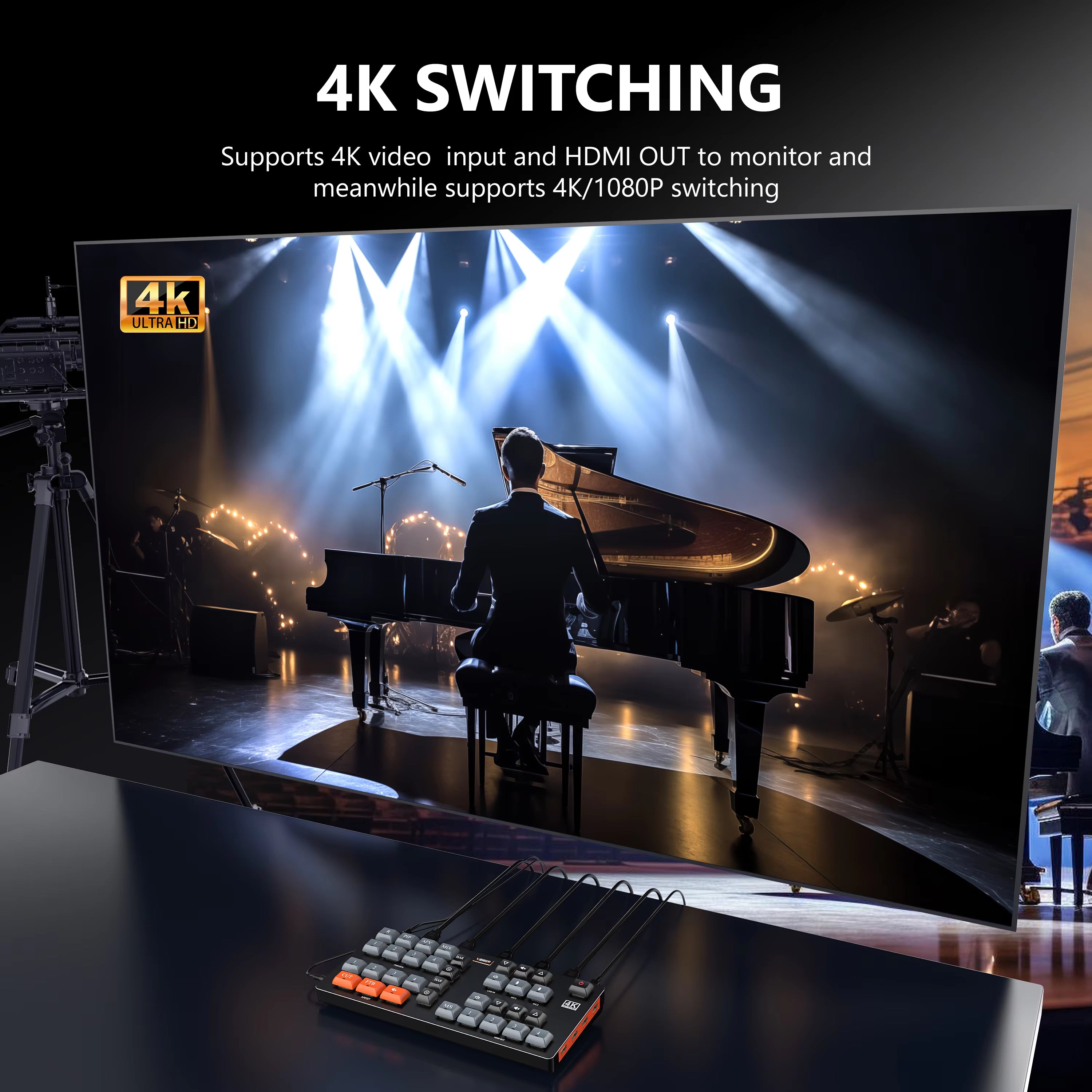 Conmutador de video 4K VRRIIS WL100 — 4 HDMI In, UVC, PIP, mezcla de audio