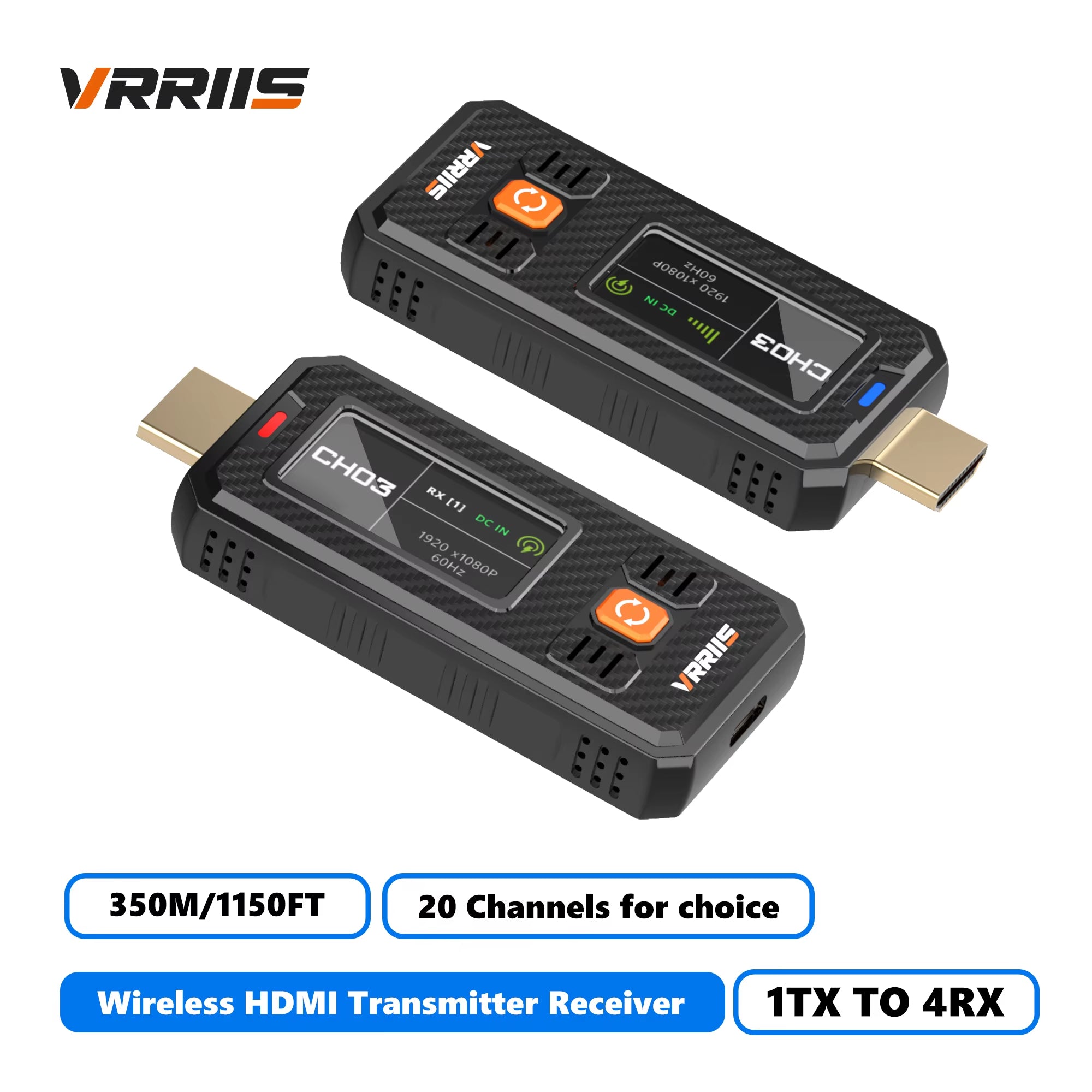 Transmissor e recetor HDMI sem fios VRRIIS WL087mini — 350 m, 20 canais, LCD, design compacto
