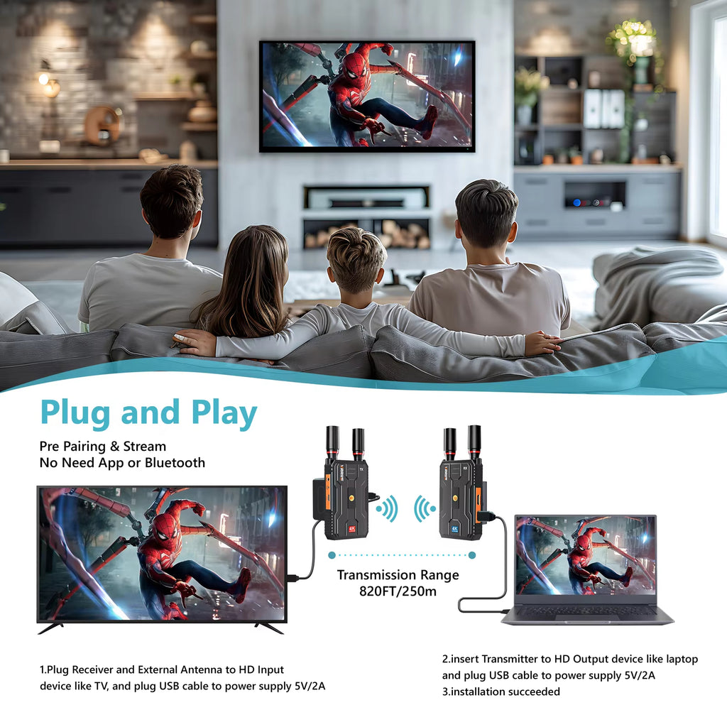 VRRIIS WL097Pro 4K Drahtloser Video Transmitter & Receiver — 400M, Dual HDMI Out, Audio, 1TX zu 4RX