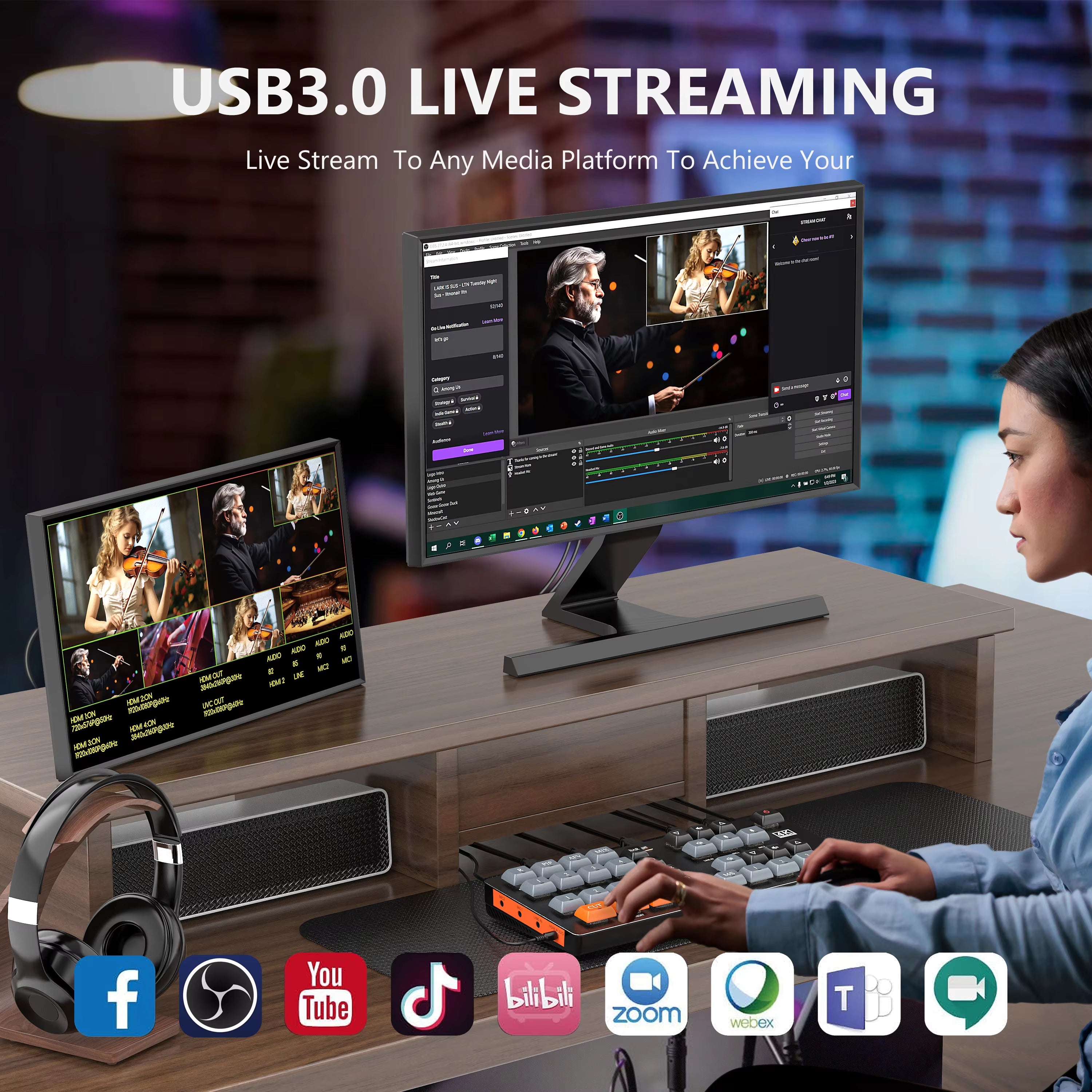 Conmutador de video 4K VRRIIS WL100 — 4 HDMI In, UVC, PIP, mezcla de audio