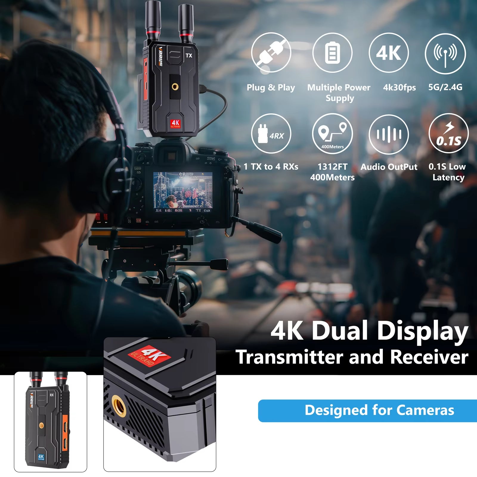 VRRIIS WL097Pro 4K Wireless Video Transmitter & Receiver — 400M, Dual HDMI Out, Audio, 1TX to 4RX